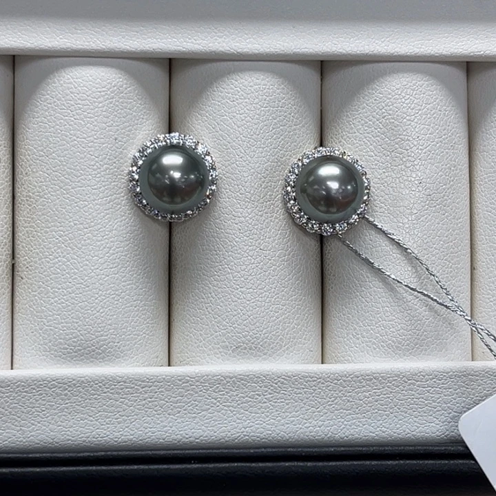 海水珍珠耳饰银S925镶嵌9-10mm 30号