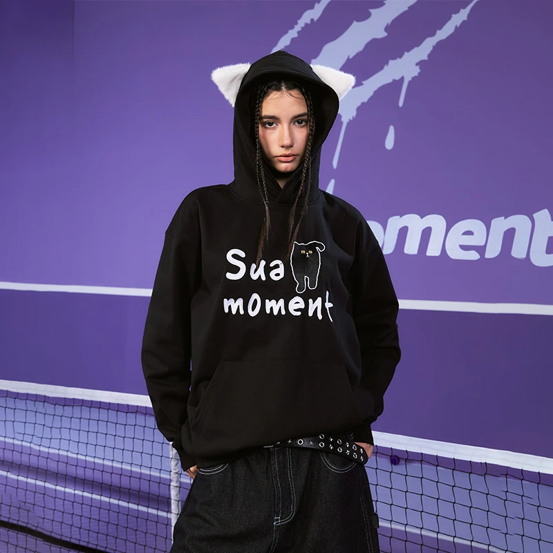 SuaMoment猫咪印花可爱猫耳贴布卫衣男女春季卡通休闲宽松连帽衫