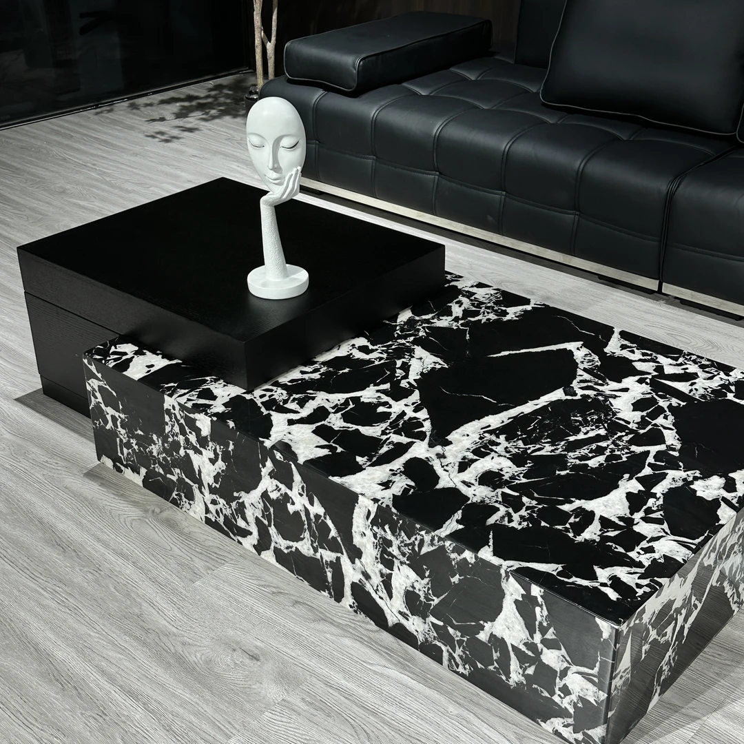 意式轻奢宝格丽黑大理石茶几拿破仑黑带抽屉设计感高低组合茶几