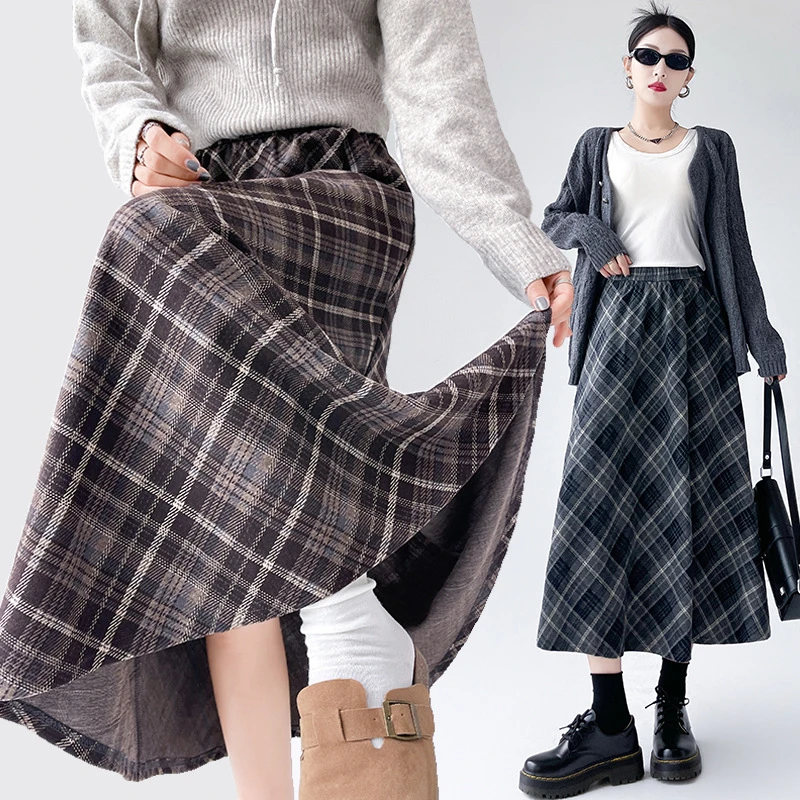 mynk1628复古格纹半身裙女2025秋冬新款小个子显瘦高腰大摆裙长裙