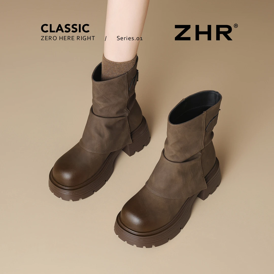 西部靴厚底堆堆靴女2025新款短靴百搭靴子小个子马丁靴时装骑士靴