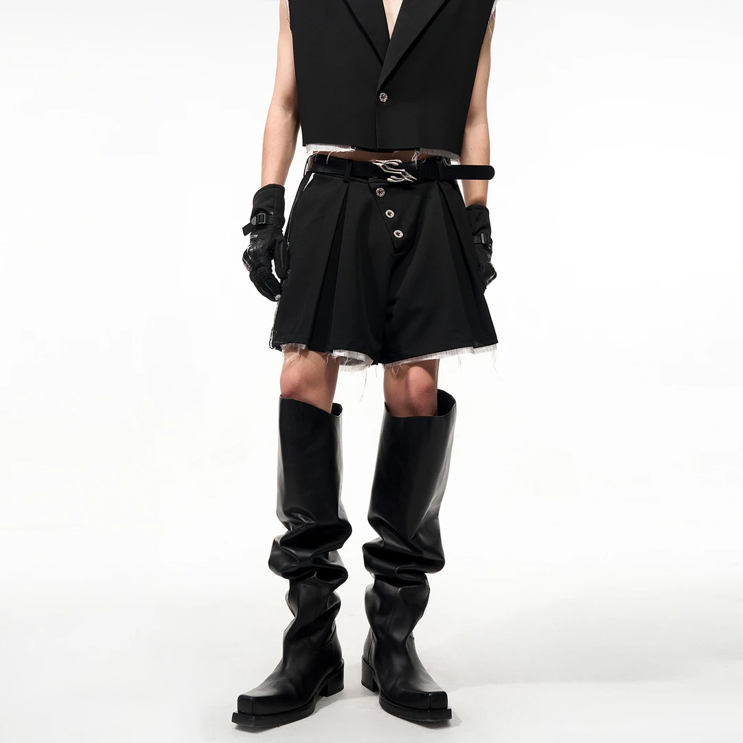 STARTEXCEEDEND 斜门襟排扣西装短裤男夏季宽松A型休闲五分西裤