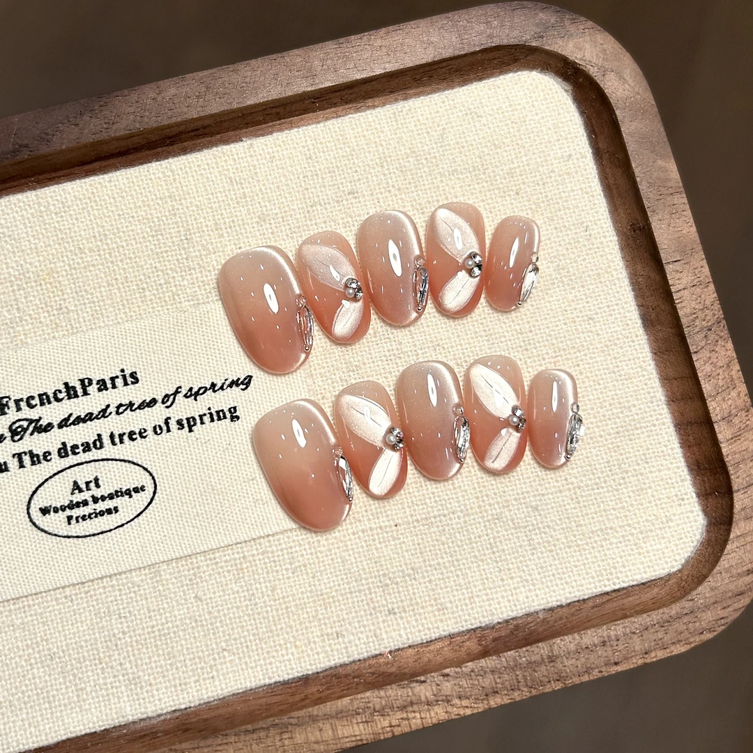 【折翼天使】蓝珊手工穿戴甲肉桂腮红C弧猫眼珍珠飘带温婉流光纯欲