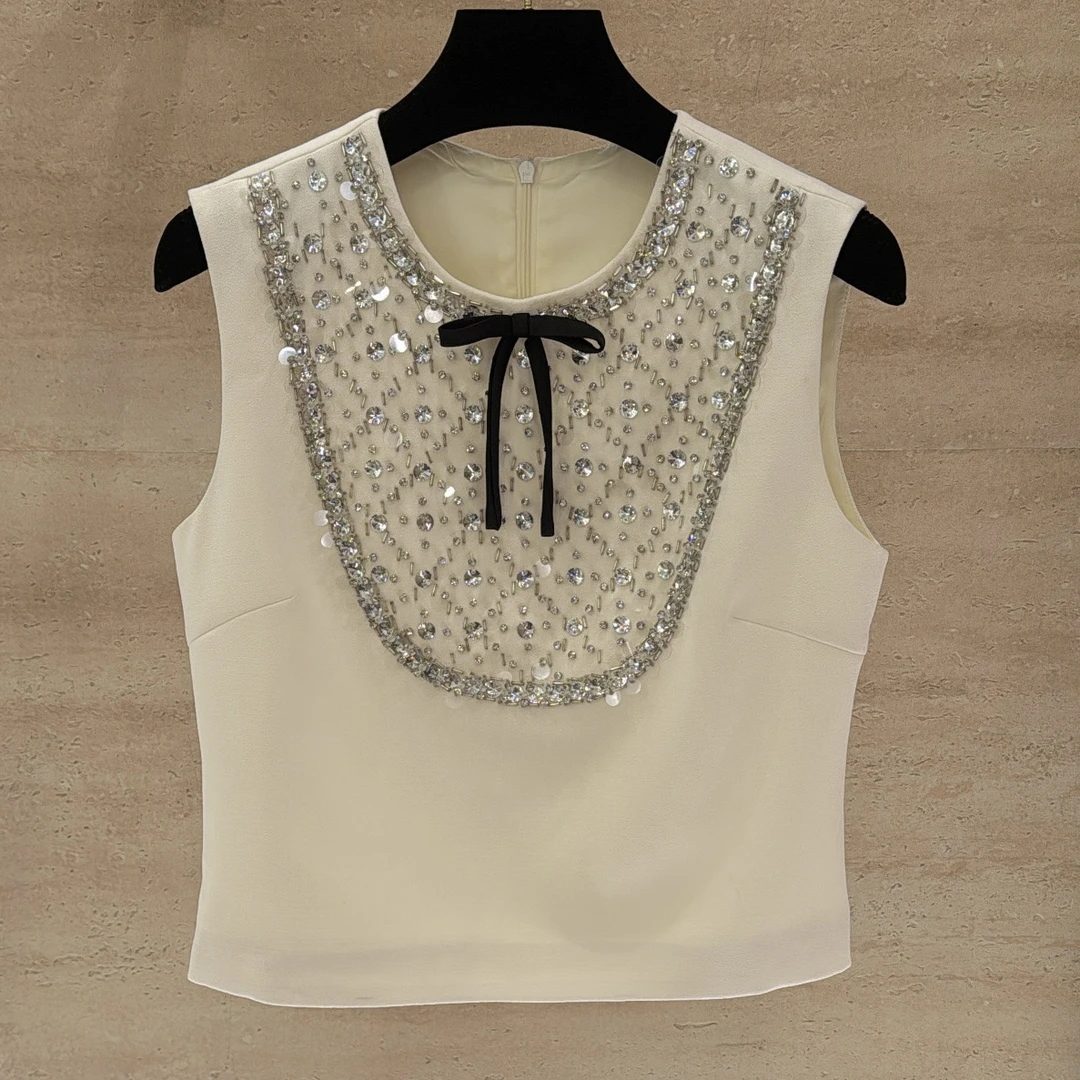 《猪猪出品》2025上新白色镶U钻亮片蝴蝶结背心时尚修身百搭