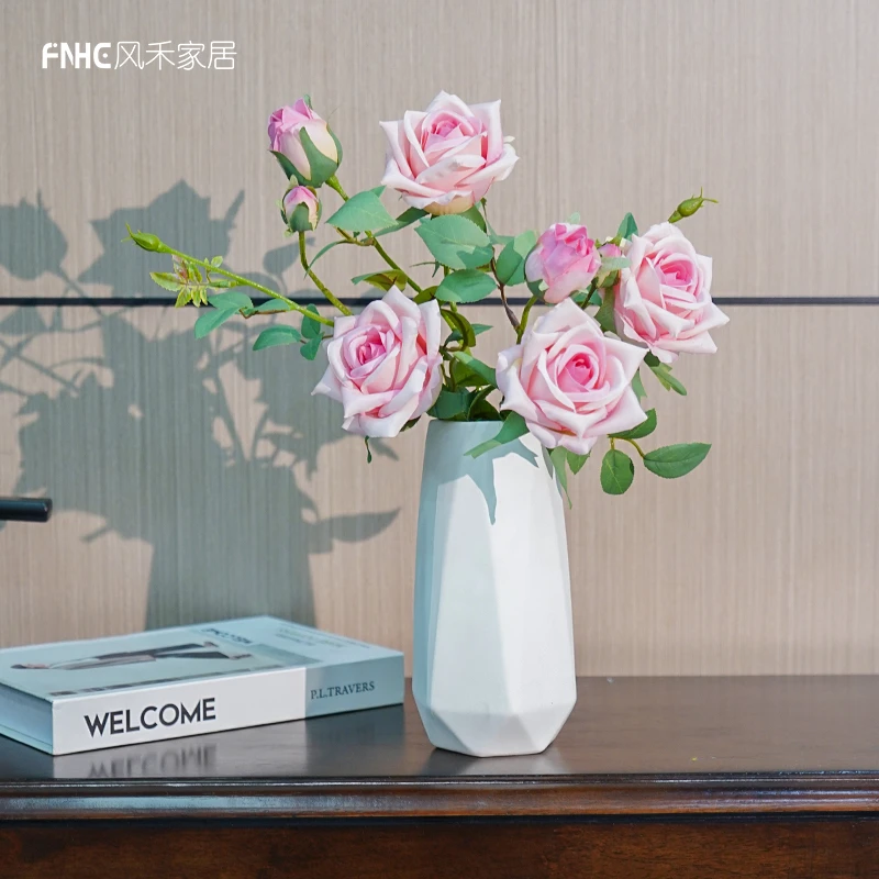仿真花北欧冰山月季粉色花手工花客厅桌面装饰花摆件假花插花