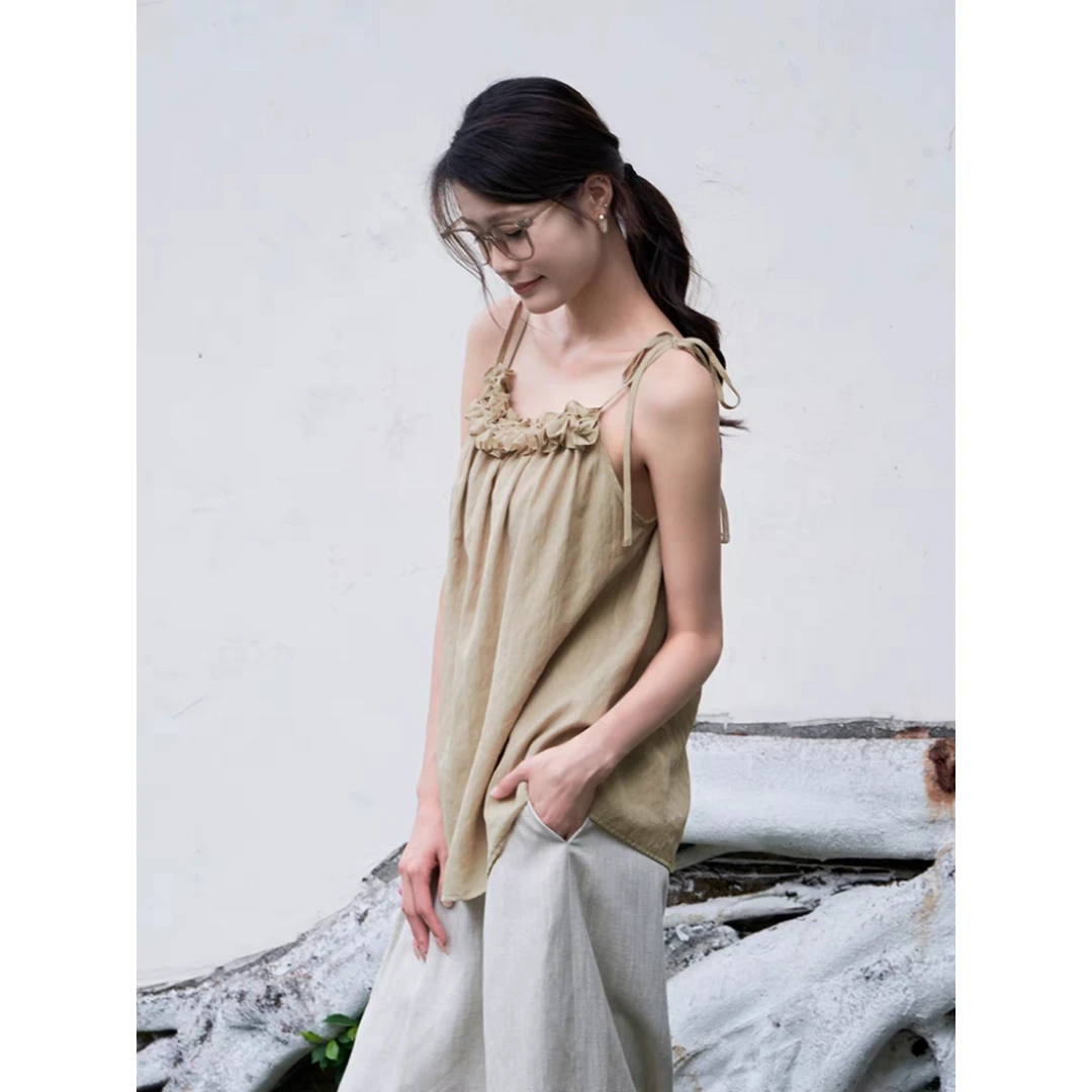 MOVE BY 花边领复古吊带背心通勤夏季休闲宽松纯色文艺C8105