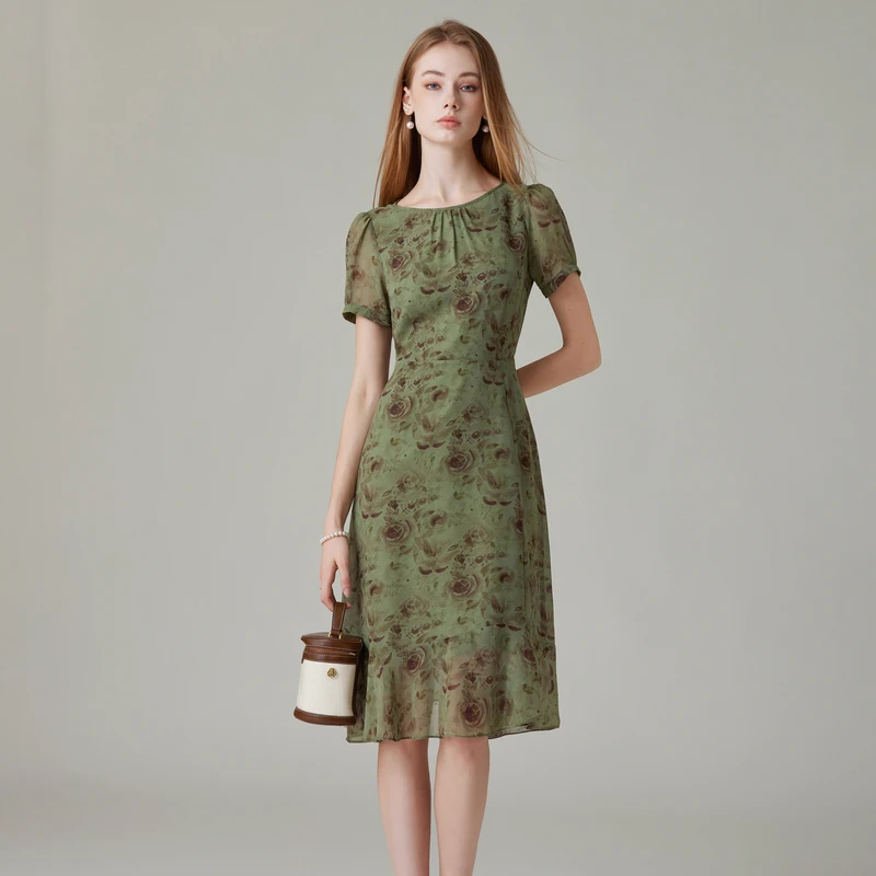 名媛法式减龄修身玫瑰印花圆领连衣裙长裙女2025显瘦气质碎花收腰