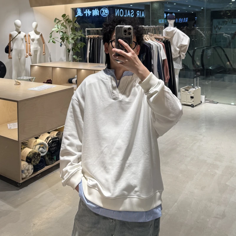 秋季时尚长袖假两件卫衣宽松型休闲纯色秋季白色LF24406