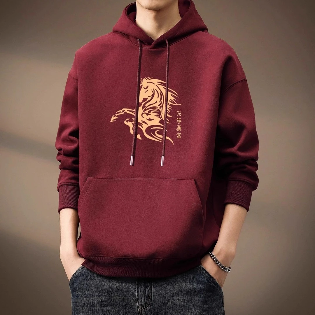 仓石一树潮牌马年连帽卫衣男士春秋冬季酒红色宽松加绒情侣装上衣