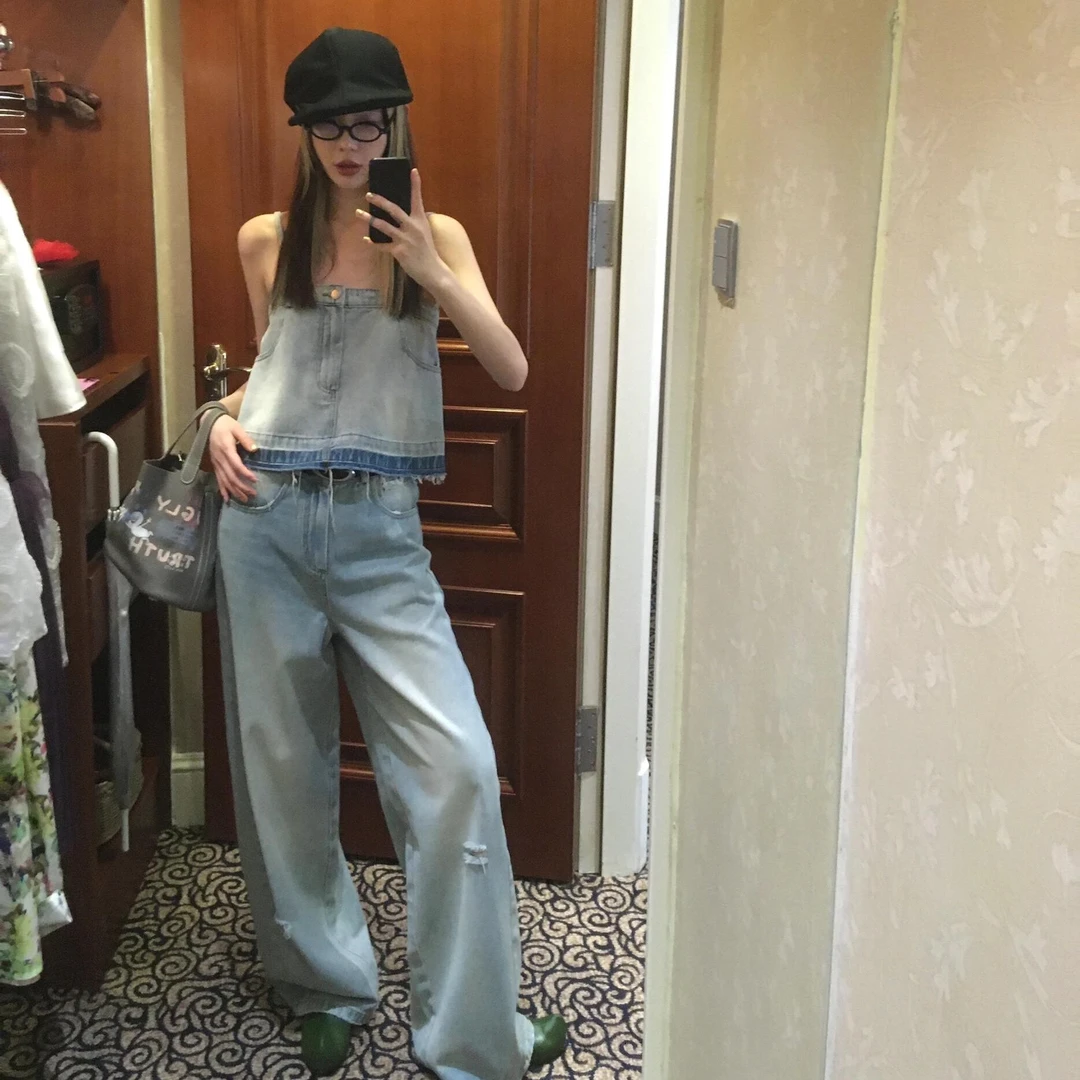 美式辣妹套装女夏季牛仔吊带背心无袖上衣女破洞直筒裤时尚两件套