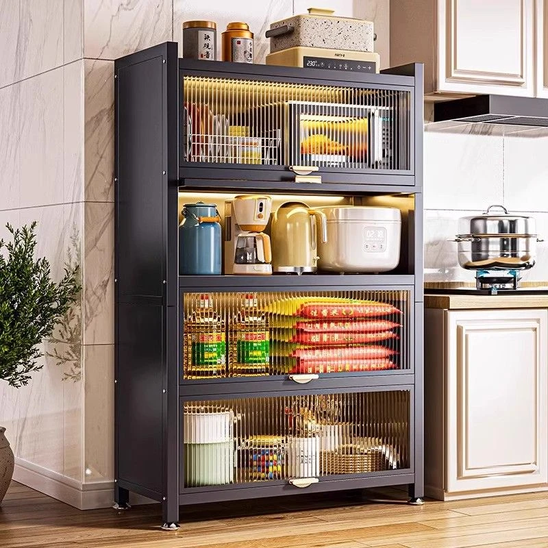 家用翻盖厨房置物架落地柜子多功能碗餐边柜橱柜储物柜碳钢整理柜