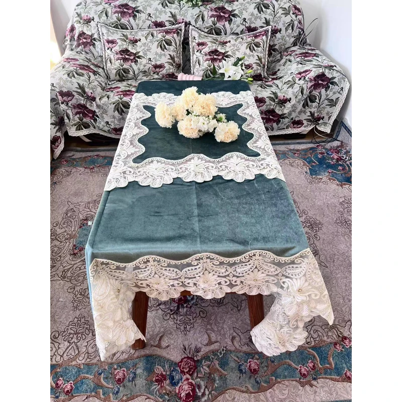 ZN120-203意大利绒【160*160】祖母绿意大利绒加毛巾绣花边桌布茶几