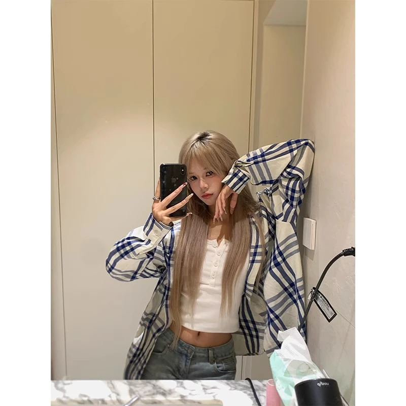 番茄妹妹Tomatosister 清新蓝白条纹格子衬衫气质外搭衬衣外套