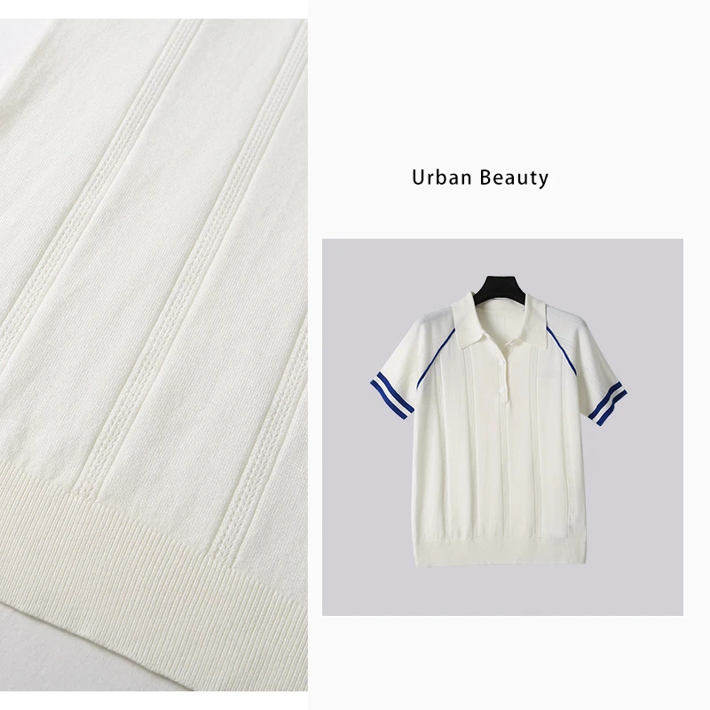 镂空工艺POLO领撞色时尚针织衫显瘦米白色百搭女士夏季翻领DF2803