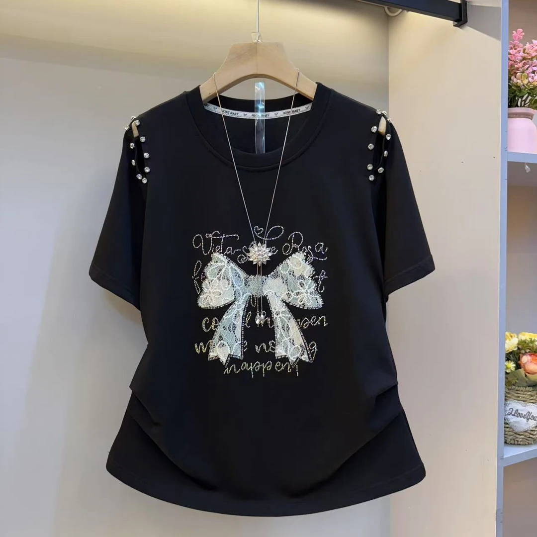 欧货2025时尚设计感钉钻漏肩蝴蝶洋气显瘦短袖