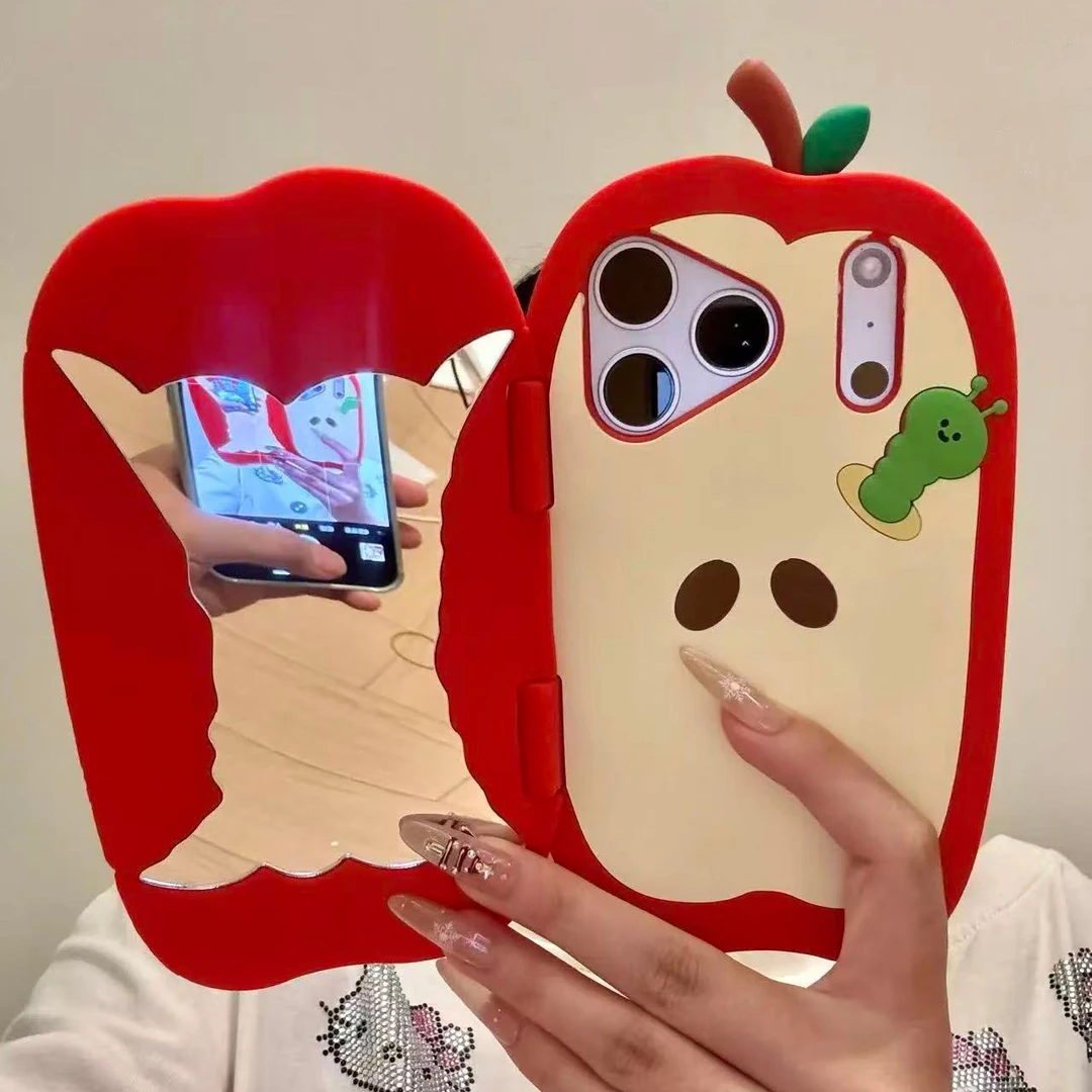 创意翻盖硅胶镜面苹果核小虫适用苹果17promax手机壳16可爱15卡通