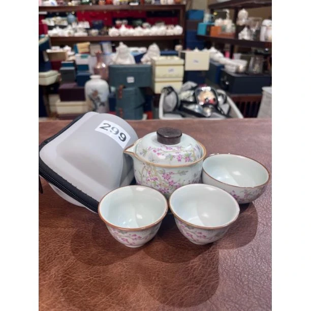 夜白紫藤花图案汝窑旅行茶具一壶三杯299