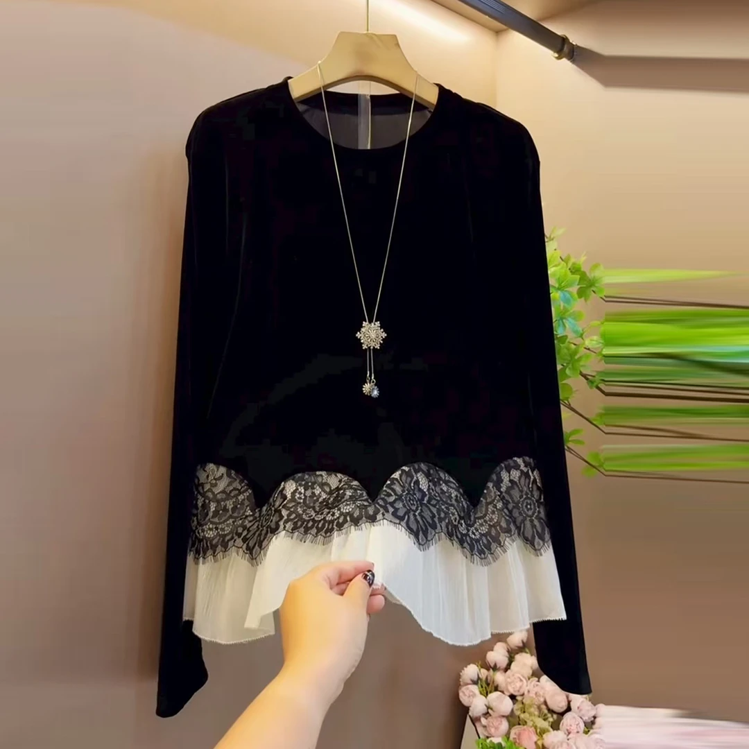 时尚蕾丝拼接设计感2025秋季新款大码胖妹妹女装显瘦宽松丝绒T恤