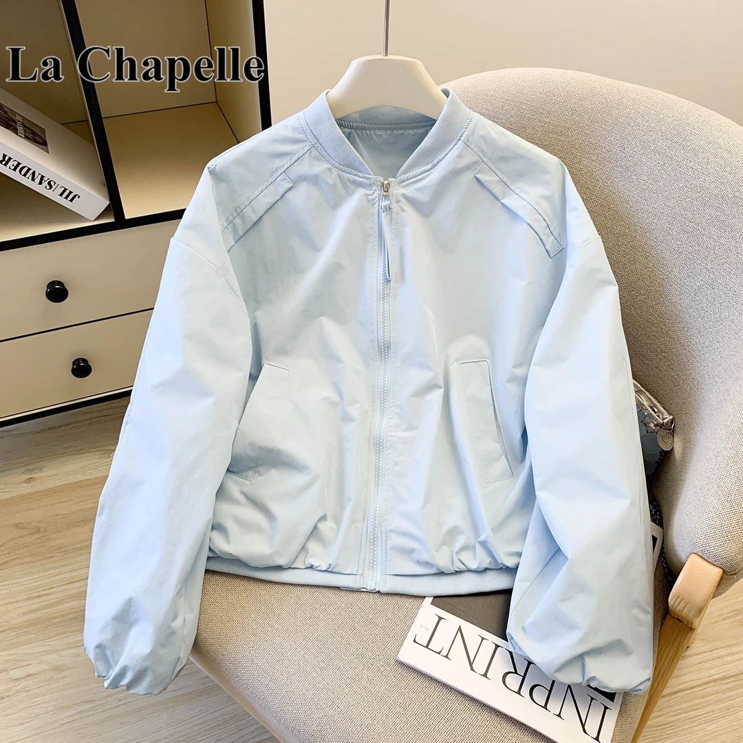 拉夏贝尔棒球服外套女新款秋季立领短款夹克蓝色小香风休闲小外套