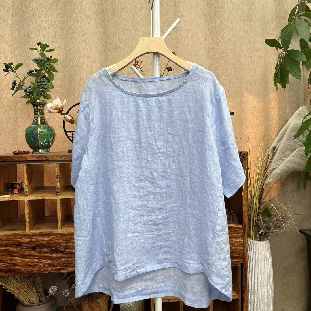 花璟与麻原创设计复古做旧圆领拼接上衣小衫（衣长60-70胸围126）