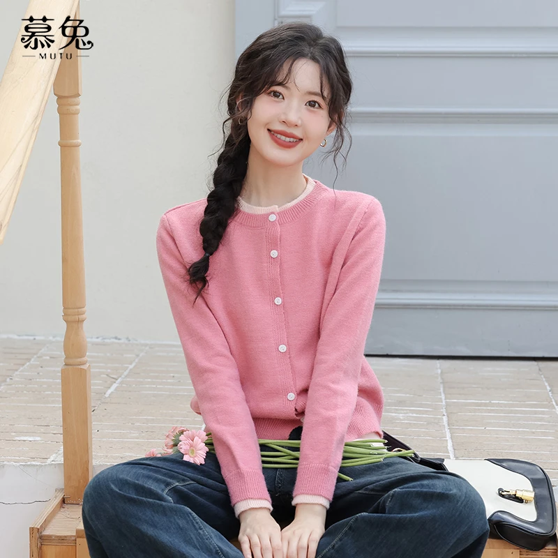 慕兔慵懒风灰色假两件针织开衫女2025春季外搭毛衣设计感小众上衣