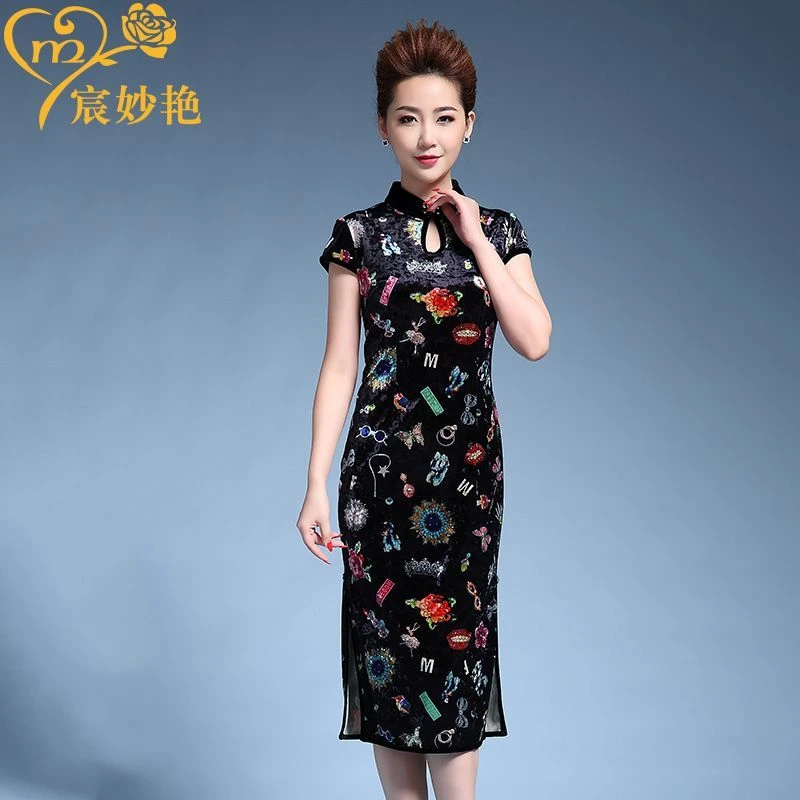 宸妙艳夏季短袖修身优雅旗袍裙丝绒印花时尚显瘦气质中老年妈妈装