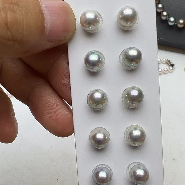 耳饰海水珍珠银S925镶嵌海水真多麻珍珠耳钉7.5-8mm