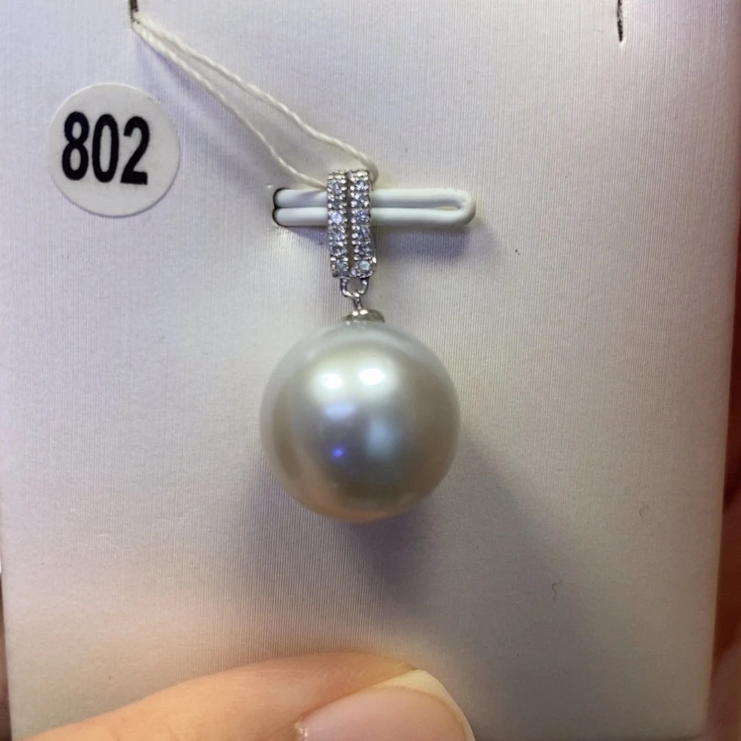 吊坠(不含链)海水珍珠18K金镶嵌银蓝正圆13-14mm