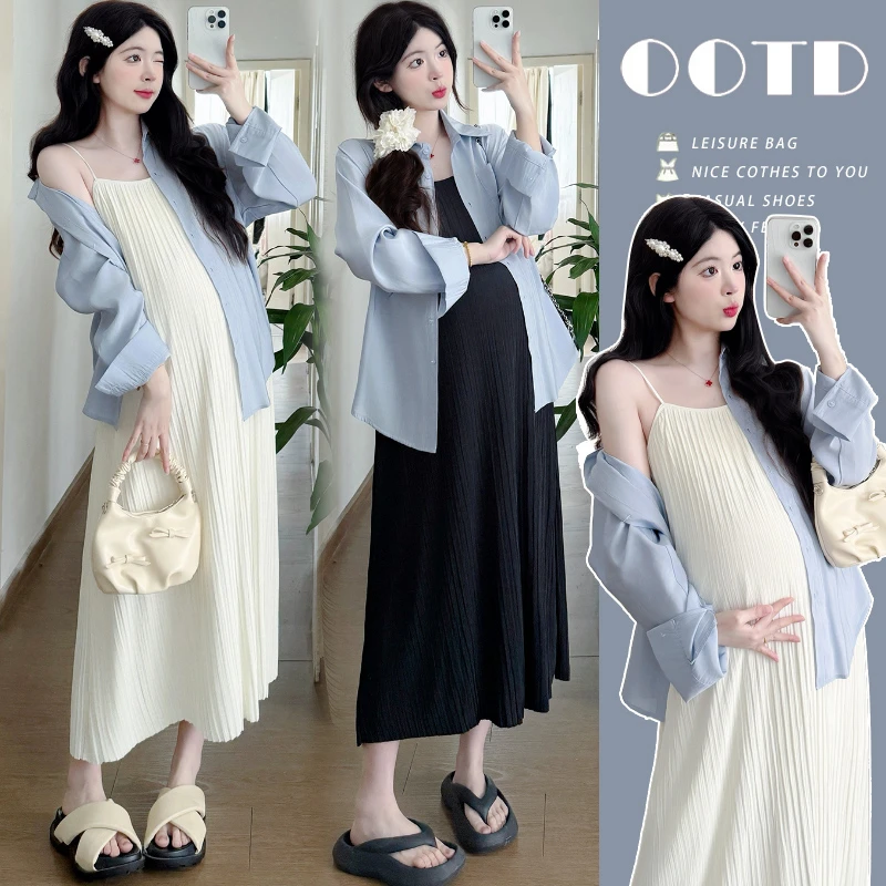 孕妇装2025夏季新款韩版时尚百搭防晒衬衣开衫吊带连衣裙两件套