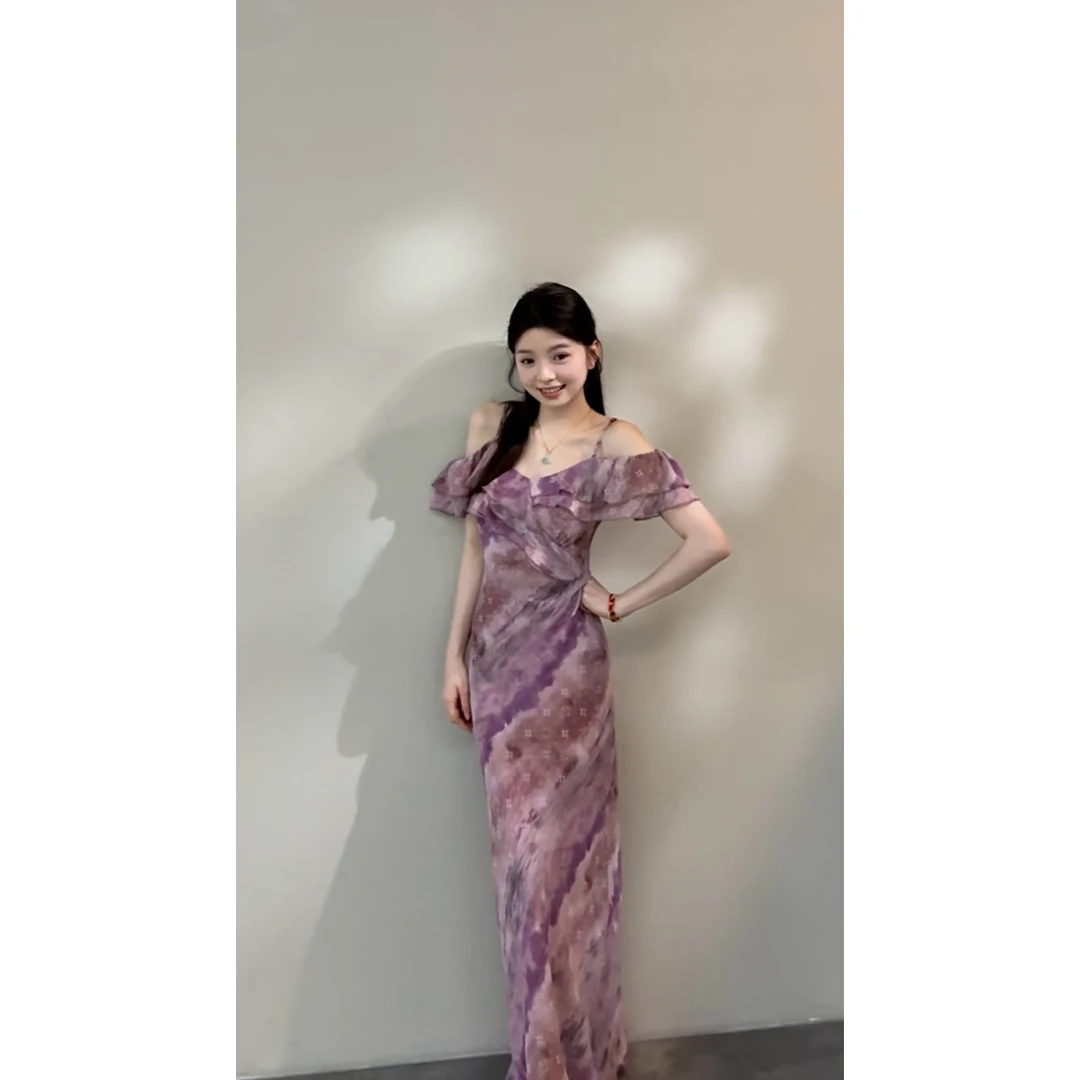 【颂宋】法式复古晕染荷叶边一字肩显瘦吊带甜美度假风连衣裙DT1317