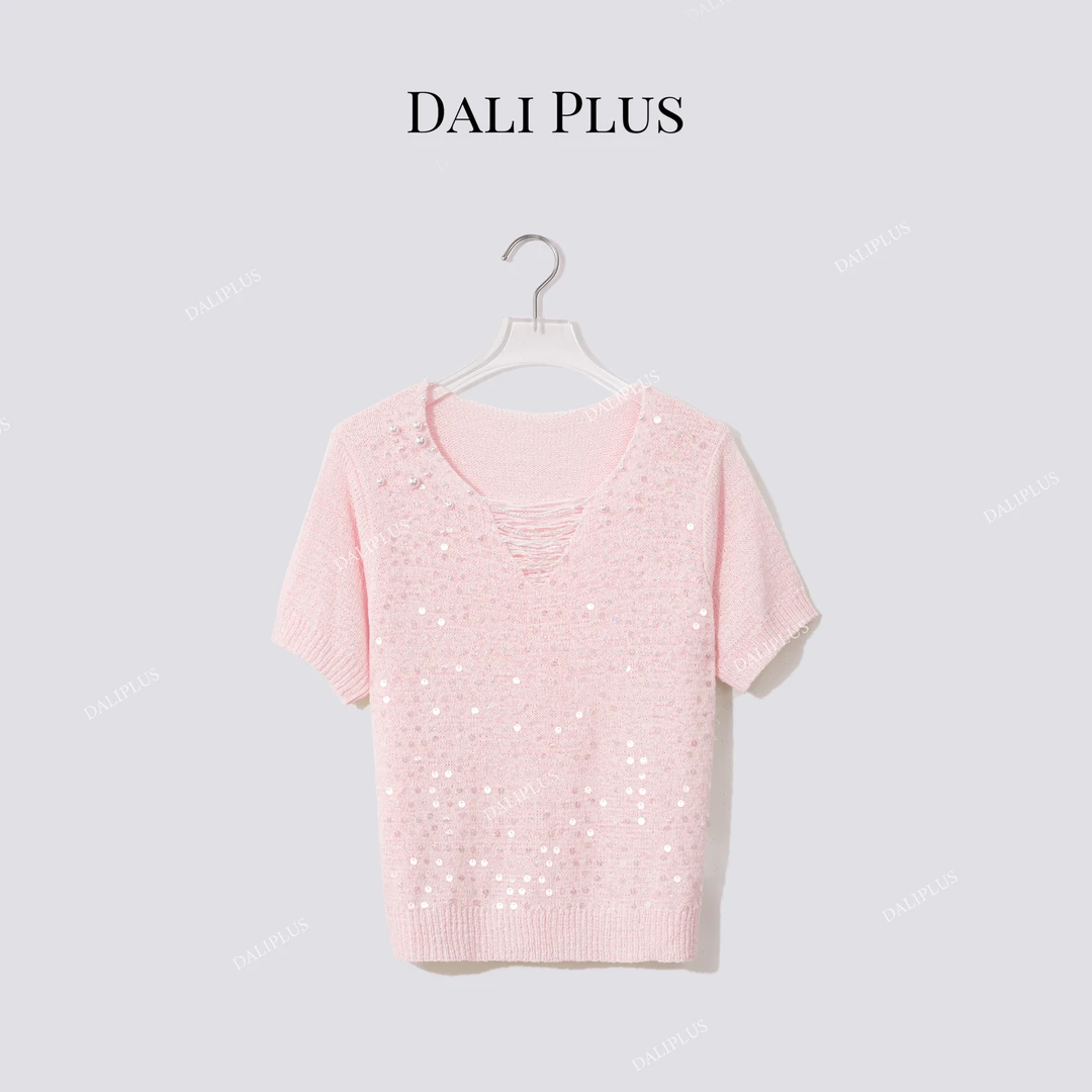 DALI PLUS"重工珍珠亮片"气质时尚百搭镂空轻奢针织蕾丝-D5CH4432