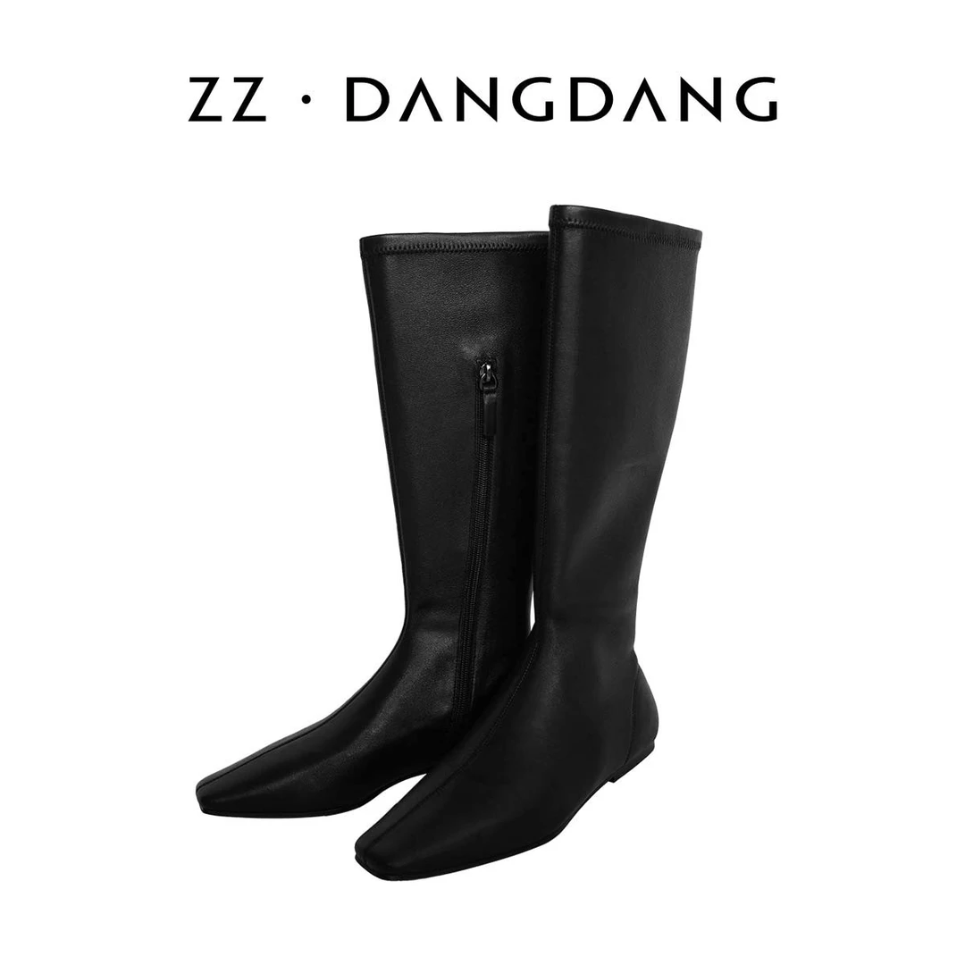 ZZ·DANGDANG【都市Lady】都市通勤小羊皮平底猫跟弹力长靴23824096