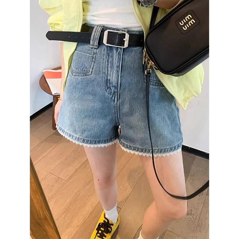 微胖mm蓝色蕾丝花边高腰牛仔超短裤女夏季新款休闲显瘦阔腿a字裤