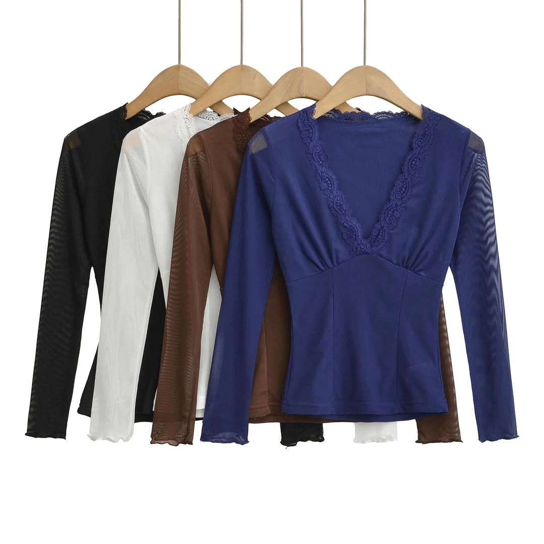 BT929微透V领修身性感蕾丝长袖T恤时尚打底衫