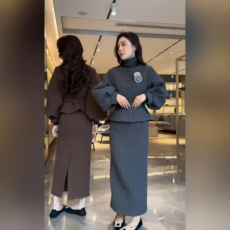 YLJ【9960】洋气时尚简约上衣+短裙=半身裙2025冬季新款休闲两件套