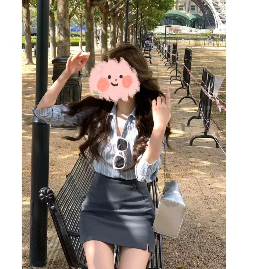 时尚套装女长袖小个子气质辣妹短裙时尚小众收腰衬衫春夏季两件套