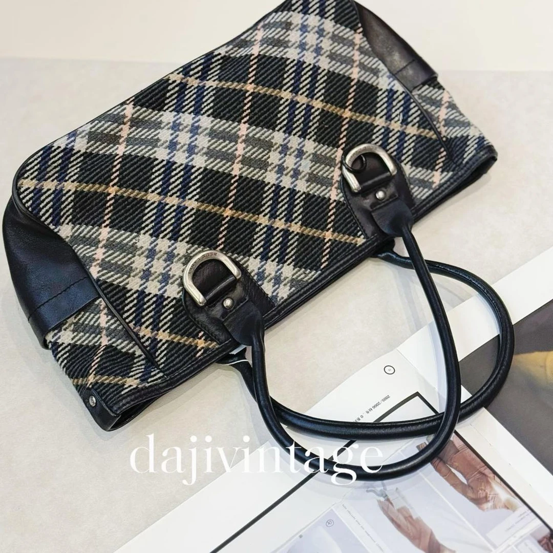 95新 BURBERRY/博柏利 大吉中古/Burberry博柏利刺绣格纹拼黑托特