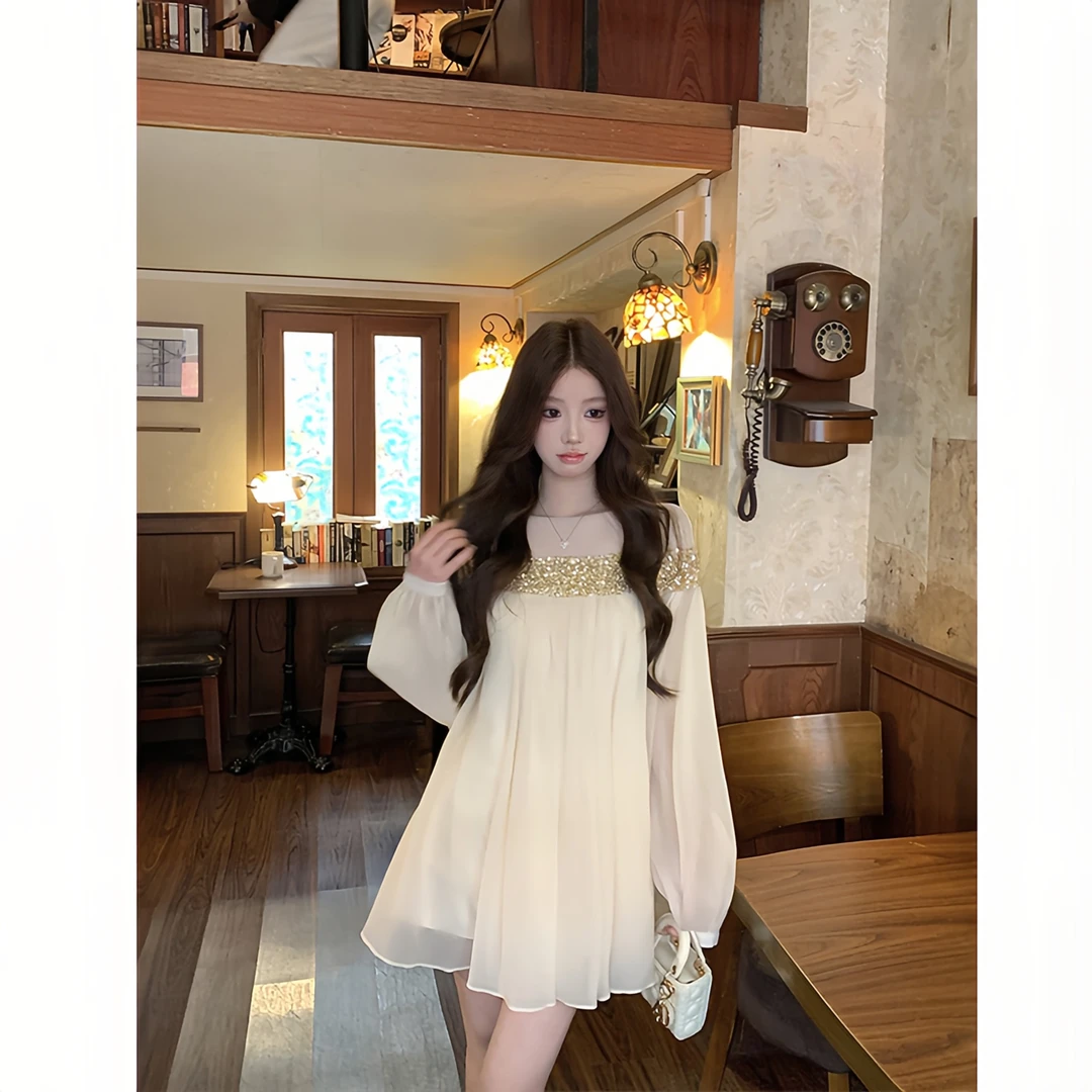 法式一字肩拼接长袖衬衫连衣裙女2025春季新款设计感显瘦a字裙子