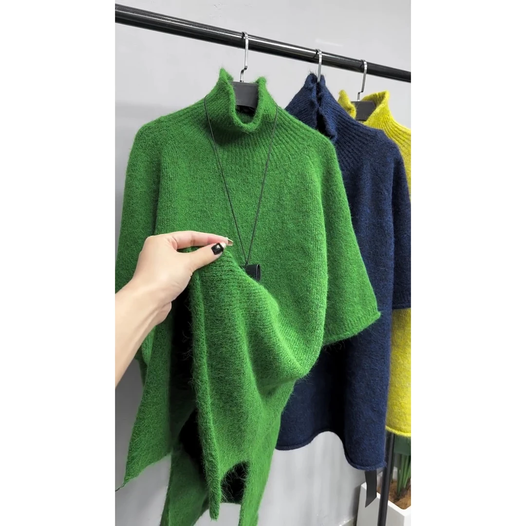 糖果色软软糯糯高领半袖毛衣冬季厚款复古休闲风开叉五分袖毛衣