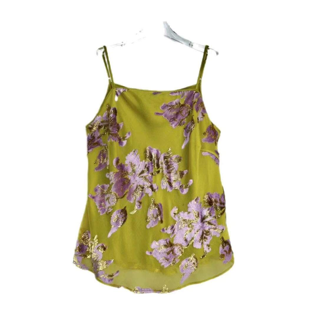 大码胖mm织金手绘提花真丝丝绒斜裁显瘦吊带上衣8786