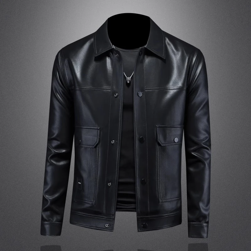 Zero Degree North高品质翻领皮衣男士机车帅气派克服修身皮夹克