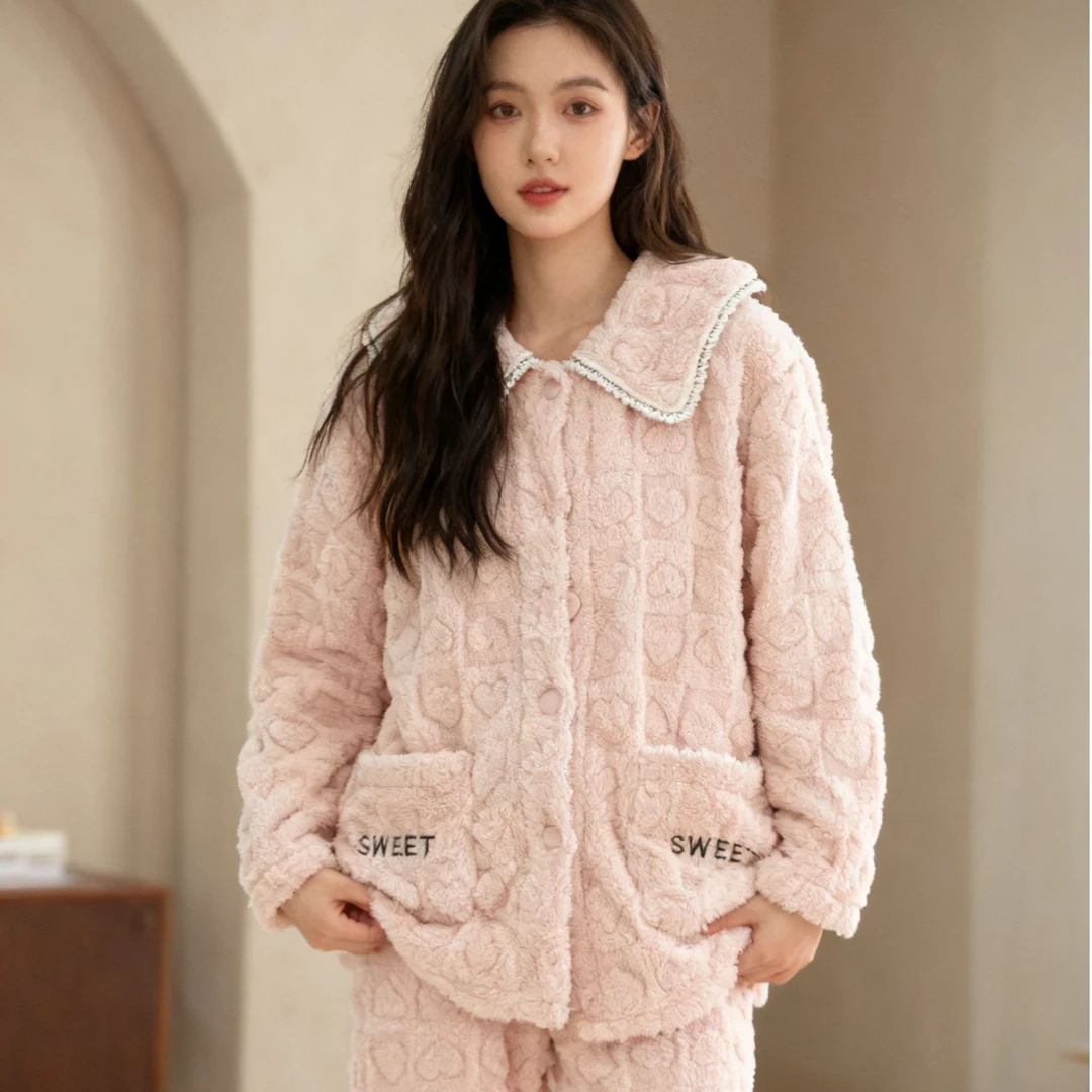 秋冬新款女大童青少年珊瑚绒加厚甜美睡衣保暖家居服套装字母