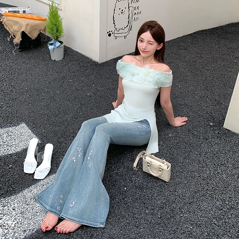 冰冰来了【腿模神裤】小众重工亮片微喇长裤复古高腰牛仔裤27152