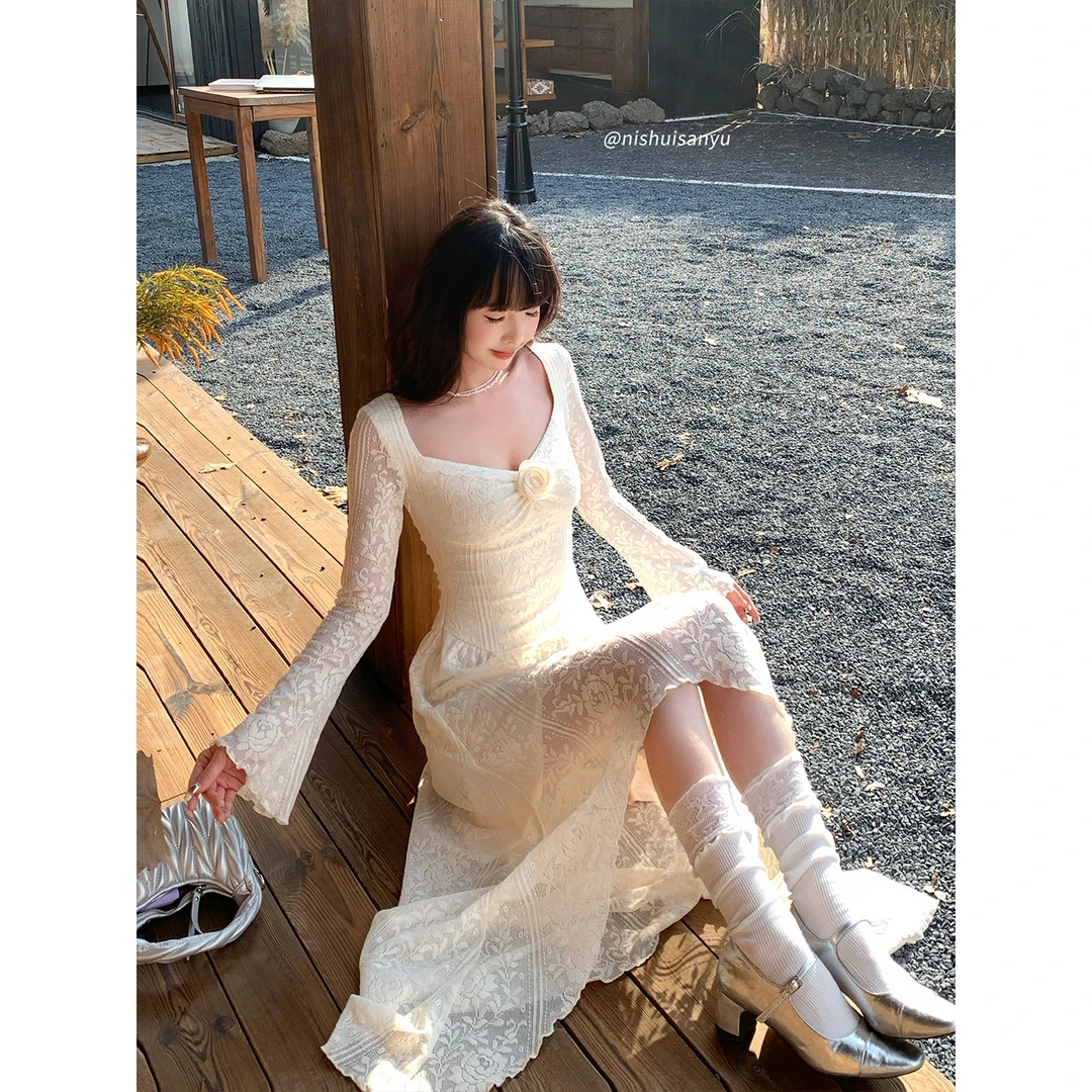 溺水三鱼【蔷薇日记】法式提花蕾丝立体花朵连衣裙不规则下摆长裙