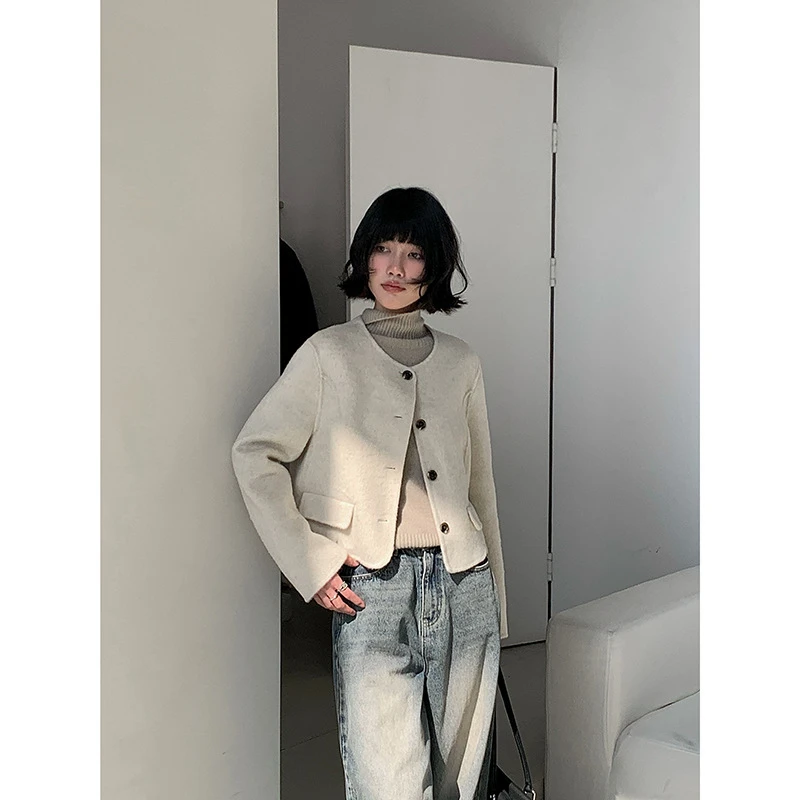 DUCURNO小香风圆领毛呢外套女冬季2026新款休闲气质宽松短款外套