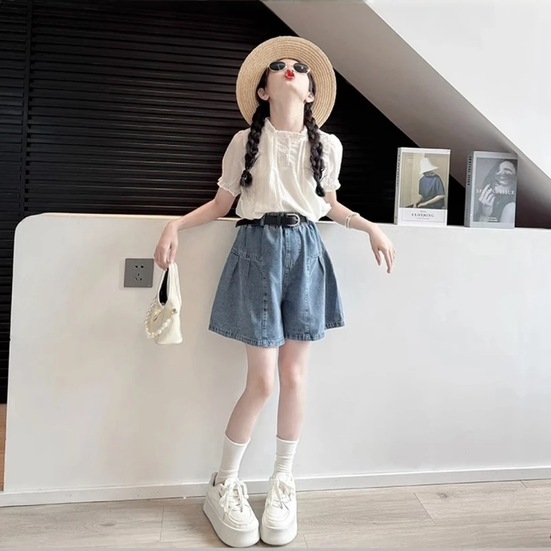 女童夏装套装2025新款儿童洋气短袖娃娃衫中大童牛仔短裙裤两件套