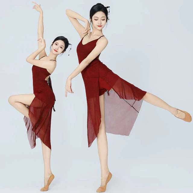 古典舞蹈服女练功服亮闪开叉红色v领吊带性感古风爵士舞弹力旗袍