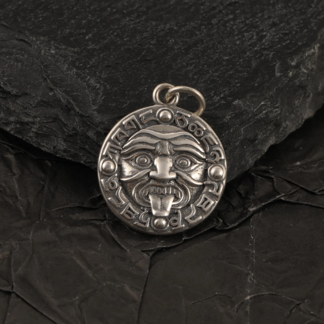 吊坠925银 藏族黄财神扎基拉姆银饼吊坠民族复古做旧滴釉圆牌挂件