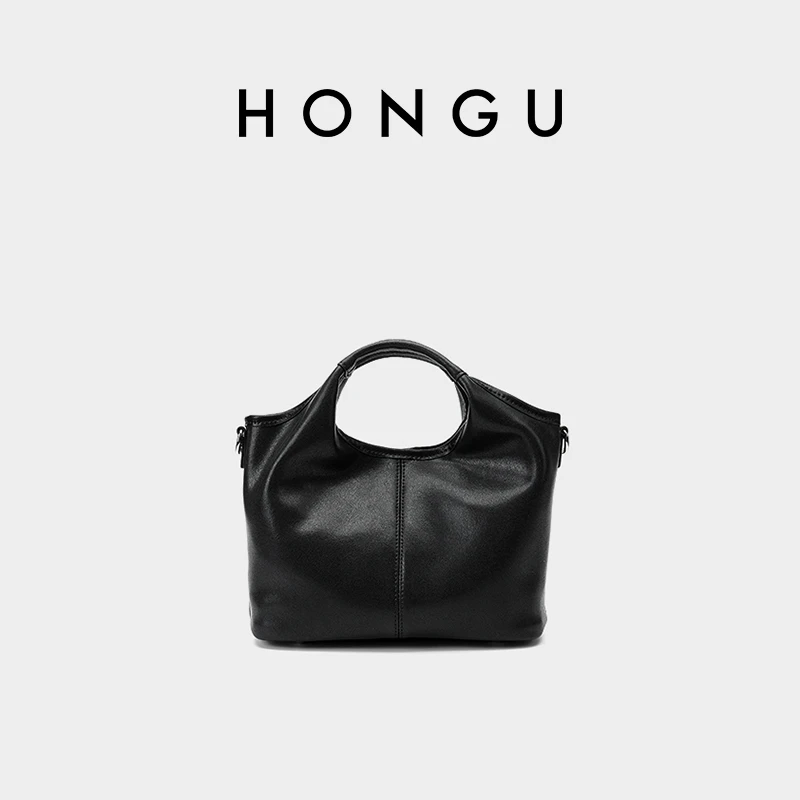 HONGU/红谷复古手提水桶包轻奢真皮单肩斜挎包大容量女包H5136208