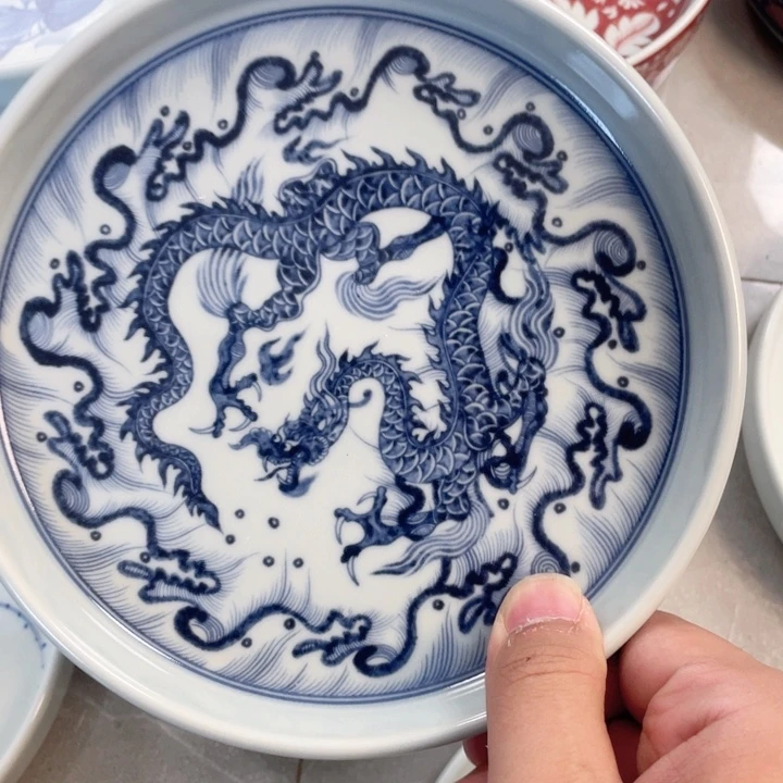 瓷片青花腾龙四海壶承